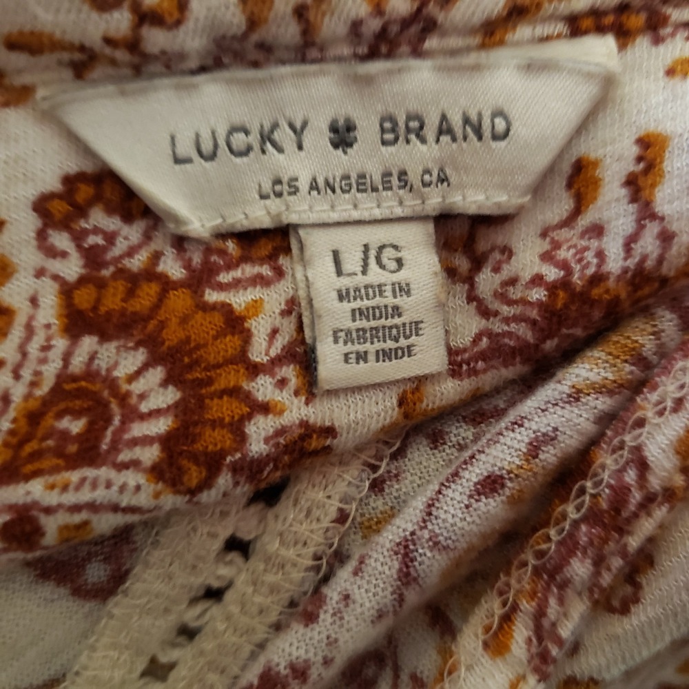Lucky Brand L Knit Top Cream Burgundy Floral Tassel Sequins Lace Cottage Boho - Picture 6 of 9